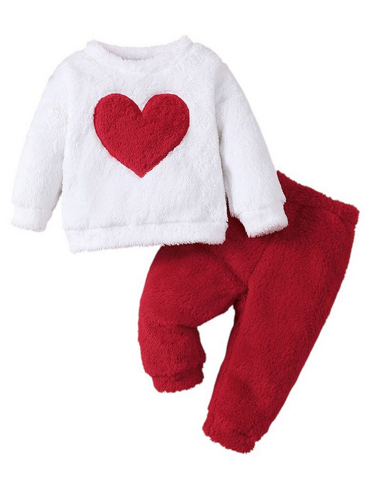 Lapastyle Top & Hose Warmes Flanell-Langarmset für Baby Mädchen, Rundhalspullover und Hose (Set, 2-tlg) Herzmuster und Stickdesign, Kontrast Herbst/Winteranzüge für Freizeit von Lapastyle