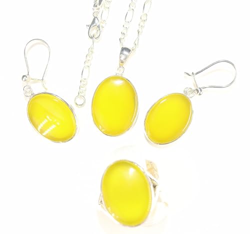Achat Schmuck-Set Anhänger aus gelbem Achat - Damen Halskette-Set - Edelstein - Natürstein - Lapislazuli von LapeaceLazuli