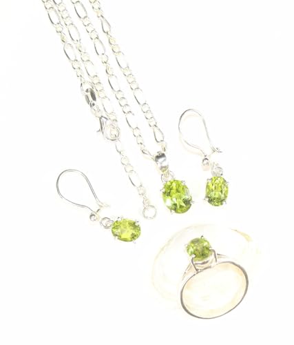 Peridot Anhänger-Set - Damen Schmuck - Halskette-Set mit Ohrring und Ring aus Echtem Peridot stein - Lapislazuli - Edelstein - Naturstein - Damen Schmuck von LapeaceLazuli