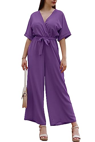 Damen Langer V-Ausschnitt Weites Bein Jumpsuit mit Lässig Elegantem Sommer Gürtel cod.7213 (L, Lila) von Laphilo