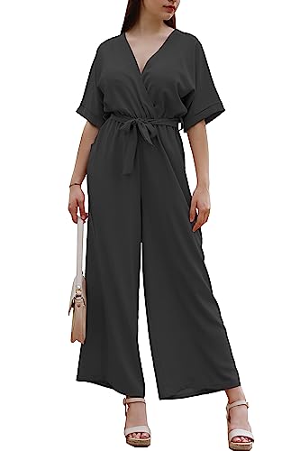 Damen Langer V-Ausschnitt Weites Bein Jumpsuit mit Lässig Elegantem Sommer Gürtel cod.7213 (L, Schwarz) von Laphilo