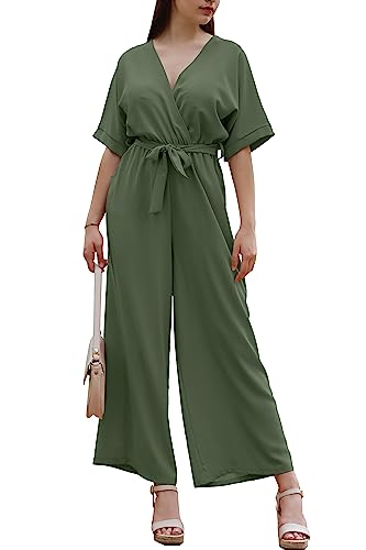 Langer Damen-Jumpsuit mit V-Ausschnitt, einteilig, mit breitem Bein mit Gürtel, lässig, elegant, Sommer, Artikelnummer 7213, Militär, Regular von Laphilo