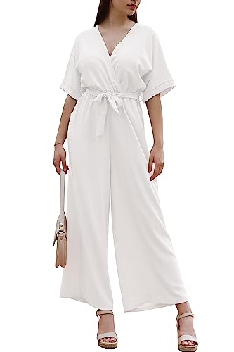 Langer Damen-Jumpsuit mit V-Ausschnitt, einteilig, mit breitem Bein mit Gürtel, lässig, elegant, Sommer, Artikelnummer 7213, Weiß, Regular von Laphilo