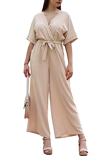 Langer Damen-Jumpsuit mit V-Ausschnitt, einteilig, mit breitem Bein mit Gürtel, lässig, elegant, Sommer, Artikelnummer 7213, beige, Regular von Laphilo