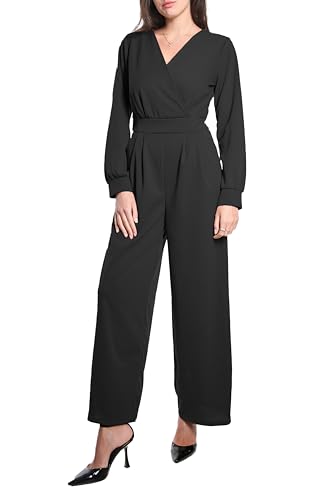 Laphilo Damen Langer V-Ausschnitt Weites Bein Jumpsuit mit Lässig Elegantem Sommer Gürtel cod.7213 (2XL, Black long sleeves) von Laphilo