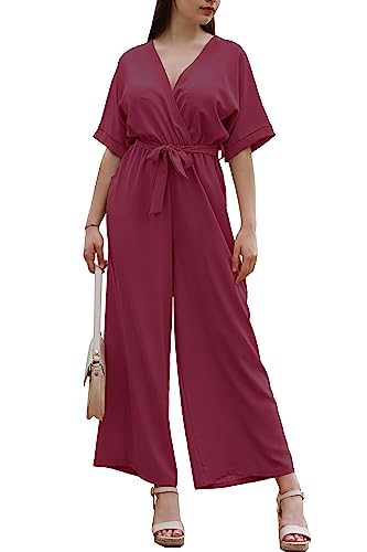 Laphilo Damen Langer V-Ausschnitt Weites Bein Jumpsuit mit Lässig Elegantem Sommer Gürtel cod.7213 (2XL, Bordeaux) von Laphilo