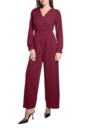 Laphilo Damen Langer V-Ausschnitt Weites Bein Jumpsuit mit Lässig Elegantem Sommer Gürtel cod.7213 (2XL, Bordeaux long sleeves) von Laphilo