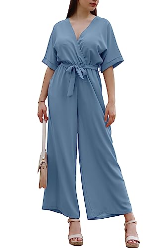 Laphilo Damen Langer V-Ausschnitt Weites Bein Jumpsuit mit Lässig Elegantem Sommer Gürtel cod.7213 (L, Jeans) von Laphilo