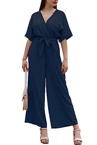 Laphilo Damen Langer V-Ausschnitt Weites Bein Jumpsuit mit Lässig Elegantem Sommer Gürtel cod.7213 (S, Blau) von Laphilo