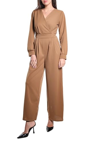 Laphilo Damen Langer V-Ausschnitt Weites Bein Jumpsuit mit Lässig Elegantem Sommer Gürtel cod.7213 (S, Camel long sleeves) von Laphilo