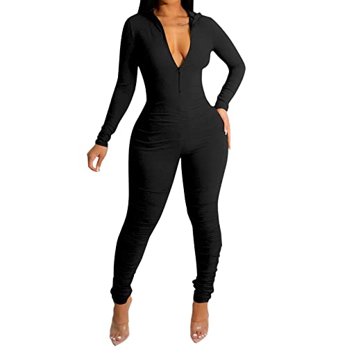 Damen Sexy Bodycon Jumpsuit Einteiler Elegant Langarm Overall Romper Yoga Workout Sport Outfit Clubwear Streetwear A0002 Schwarz#XXL von Lapirek