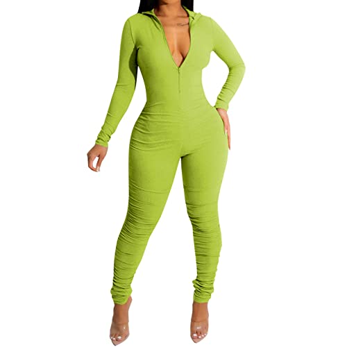 Damen Sport Jumpsuit Damen Sport Jumpsuit Lang Eng Yoga Overall Langarm V-Ausschnitt Playsuits mit Reißverschluss Jogging Strampler Hosenanzug Trainingsanzug Damen A0028 Grün#S von Lapirek