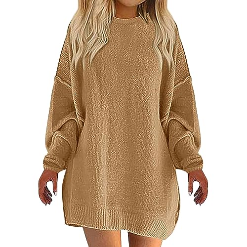 Damen Strickpullover Elegant Rundhals Pullover Langarm Grobstrick Herbst Winter Einfarbig Oberteile Tops A0433 Khaki#XL von Lapirek