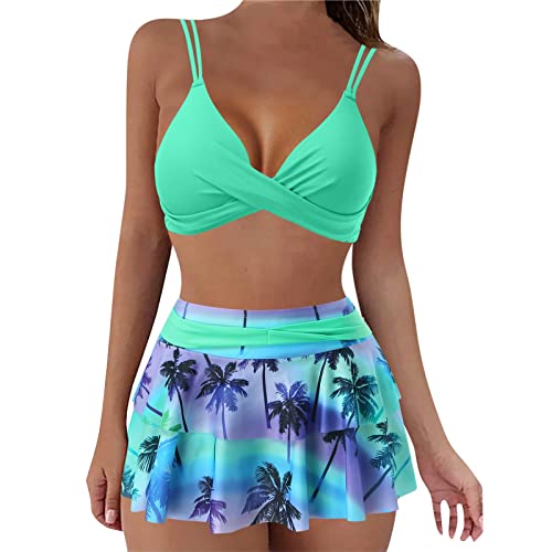 High Waist Bauchweg Bikini mit Rock Damen Set Push Up Gepolsterter Doppelte Trägerriemen Rückenfrei Oberteil Zweiteiliger Badeanzug Druck Bademode von Lapirek