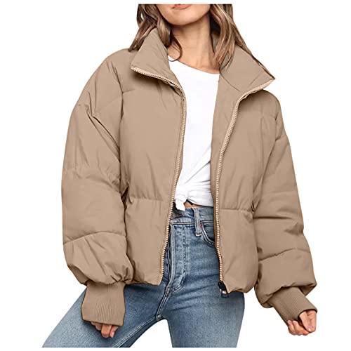 Lapirek Damen Puffer Jacke Kurz Schwarz Beige Winter Warm Gesteppte Dicke Winterjacke Winter Warm Ubergangs Damen-Jacken Outdoor Langarm-Baumwolljacke Jacken füR Damen, Khaki, XS von Lapirek