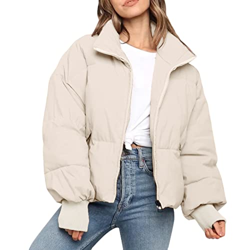 Lapirek Damen Puffer Jacke Kurz Schwarz Beige Winter Warm Gesteppte Dicke Winterjacke Winter Warm Ubergangs Damen-Jacken Outdoor Langarm-Baumwolljacke Jacken füR Damen (A-Beige, L) von Lapirek