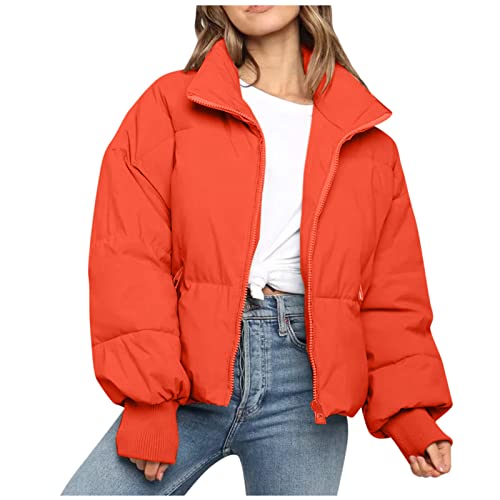 Lapirek Damen Puffer Jacke Kurz Schwarz Beige Winter Warm Gesteppte Dicke Winterjacke Winter Warm Ubergangs Damen-Jacken Outdoor Langarm-Baumwolljacke Jacken füR Damen (L, Orange) von Lapirek