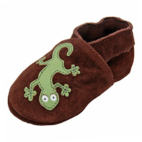 Lappade Geckos braun Wildleder Pirat LKW Bagger Auto Flugzeug Stern Lederpuschen Hausschuhe Krabbelschuhe Baby Lauflernschuhe mit Ledersohle (Art. 141 Gr. 19/20 EU) von Lappade