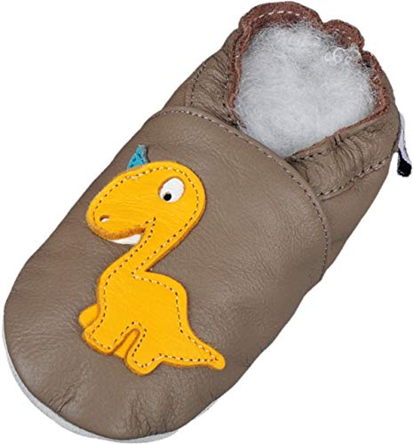 Lappade Dino 3 Beige Braun Wildleder Dino Geckos Löwe Lederpuschen Hausschuhe Krabbelschuhe Baby Lauflernschuhe mit Ledersohle (Gr. 23/24 EU XL, Art. 74) von Lappade