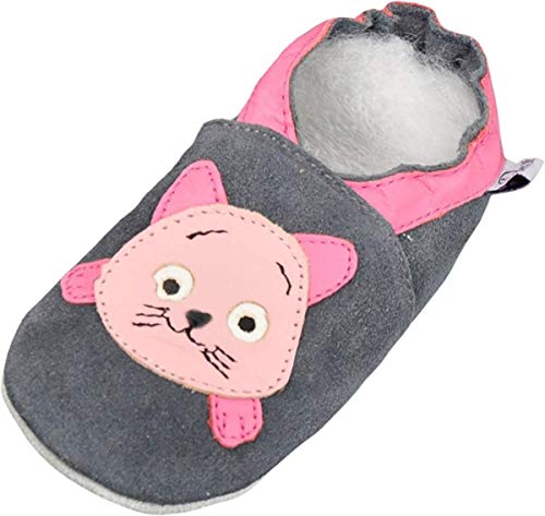 Lappade Kitty grau-rosa Wildleder Mädchen Lederpuschen Hausschuhe Krabbelschuhe Baby Lauflernschuhe mit Ledersohle (Gr. 17/18 EU S, Art. 102) von Lappade