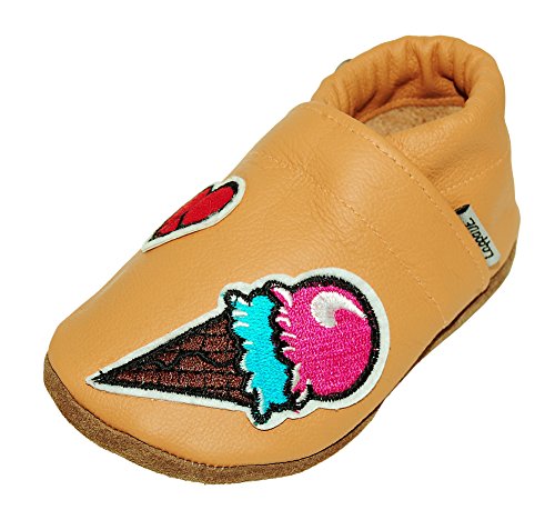 Eis beige Aufnäher Lappade Lederpuschen Hausschuhe Krabbelschuhe Baby Jungen Mädchen Schläppchen Lauflernschuhe Wildledersohle Art. 405 Gr. 18/19 S+ von Lappade