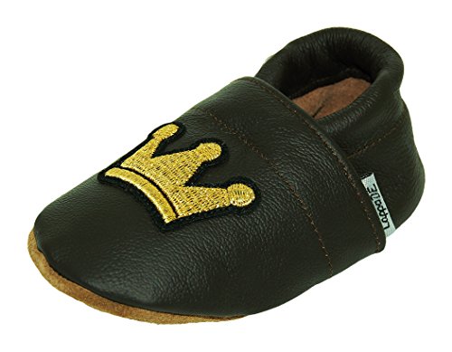 Lappade Krone braun Aufnäher Lederpuschen Hausschuhe Krabbelschuhe Baby Jungen Mädchen Schläppchen Lauflernschuhe Wildledersohle Art. 407 Gr. 24/25 XL+ von Lappade