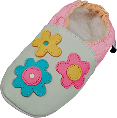 Lappade Flower -Mint Wildleder Mädchen Lederpuschen Hausschuhe Krabbelschuhe Baby Lauflernschuhe mit Ledersohle (Gr. 19/20 EU M, Art. 115) von Lappade