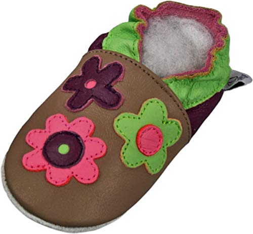 Lappade Flower bunt-braun Wildleder Mädchen Lederpuschen Hausschuhe Krabbelschuhe Baby Lauflernschuhe mit Ledersohle (Gr. 21/22 EU L, Art. 112) von Lappade