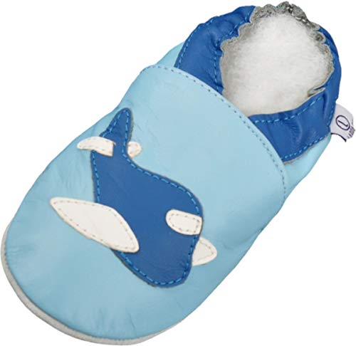 Lappade Flugzeug Pirat LKW Bagger Auto Flugzeug Stern Lederpuschen Hausschuhe Krabbelschuhe Baby Lauflernschuhe mit Ledersohle (Art. 56 Gr. 21/22 EU) von Lappade