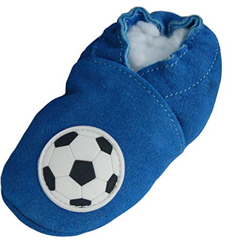 Lappade Fußball blau Jungen Fußballpuschen Lederpuschen Hausschuhe Krabbelschuhe Baby Lauflernschuhe mit Ledersohle (Art. 140 Gr. 25/26 EU) von Lappade