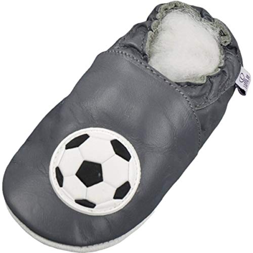 Lappade Fußball grau Jungen Fußballpuschen Lederpuschen Hausschuhe Krabbelschuhe Baby Lauflernschuhe mit Ledersohle (Art. 47 Gr. 23/24 EU) von Lappade