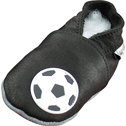 Lappade Fußball schwarz Jungen Fußballpuschen Lederpuschen Hausschuhe Krabbelschuhe Baby Lauflernschuhe mit Ledersohle (Art. 22 Gr. 19/20 EU) von Lappade