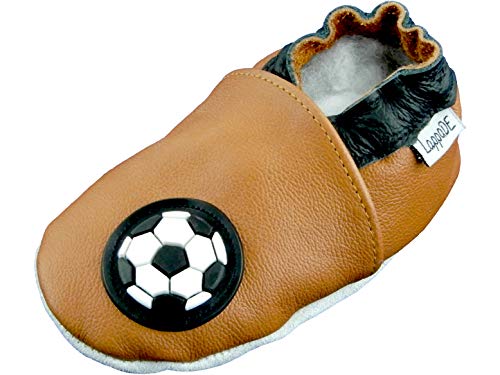 Lappade Jungen Fußballpuschen braun Lederpuschen Hausschuhe Krabbelschuhe Baby Lauflernschuhe mit Ledersohle Gr.18-24mon (23/24 EU, Braun) XL von Lappade