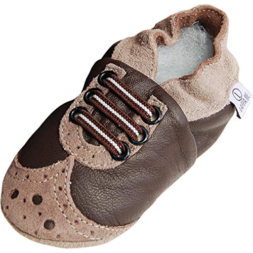 Lappade Mokassis braun-beige Ledermix Pirat LKW Bagger Auto Flugzeug Stern Lederpuschen Hausschuhe Krabbelschuhe Baby Lauflernschuhe mit Ledersohle (Art. 149 Gr. 25/26 EU) von Lappade