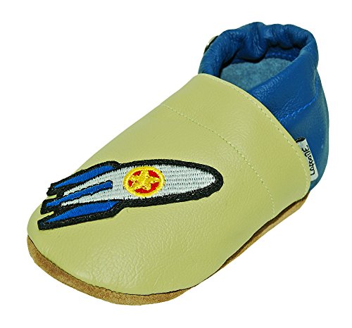 Lappade Rakete grün Aufnäher Lederpuschen Hausschuhe Krabbelschuhe Baby Jungen Mädchen Schläppchen Lauflernschuhe Wildledersohle Art. 410 Gr. 24/25 XL+ von Lappade