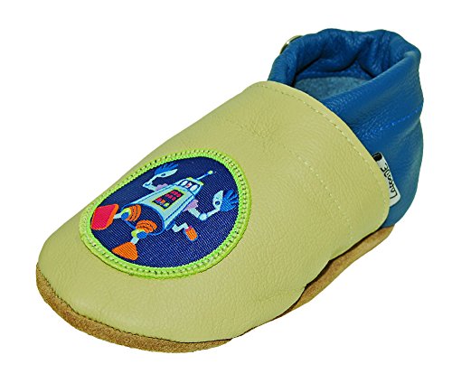 Lappade Roboter grün Aufnäher Lederpuschen Hausschuhe Krabbelschuhe Baby Jungen Mädchen Schläppchen Lauflernschuhe Wildledersohle Art. 409 Gr. 24/25 XL+ von Lappade