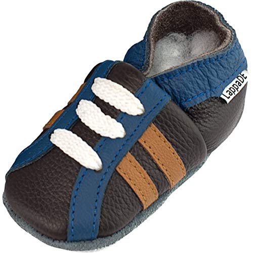 Lappade Sport braun blau Wildleder Jungen Sportsneaker Lederpuschen Hausschuhe Krabbelschuhe Baby Lauflernschuhe mit Ledersohle (Gr. 19/20 EU M, Art. 117) von Lappade