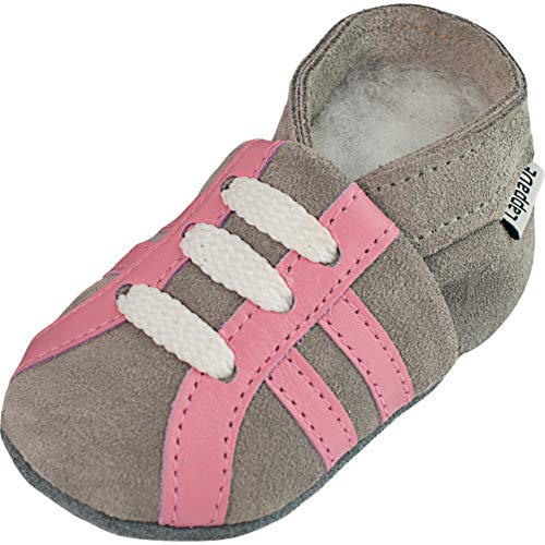 Lappade Sport grau rosa Wildleder Mädchen Lederpuschen Hausschuhe Krabbelschuhe Baby Lauflernschuhe mit Ledersohle (Gr. 19/20 EU M, Art. 116) von Lappade