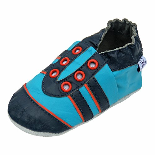 Lappade Sport türkis-orange Ösen Wildleder Jungen Sportsneaker Lederpuschen Hausschuhe Krabbelschuhe Baby Lauflernschuhe mit Ledersohle (Gr. 21/22 EU L, Art. 29) von Lappade