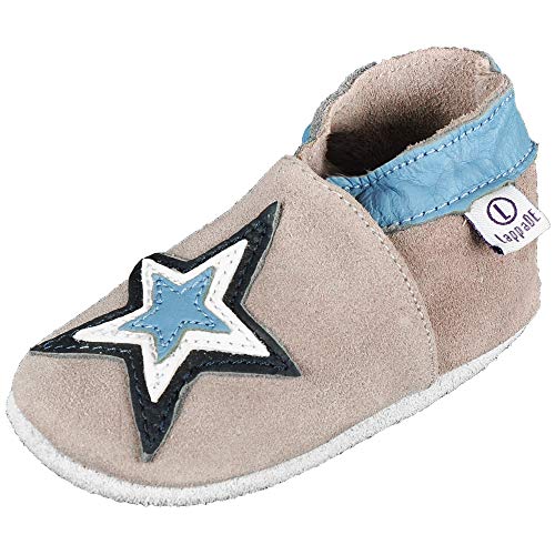 Lappade Stern beige Lederpuschen Hausschuhe Krabbelschuhe Baby Schläppchen Lauflernschuhe Wildledersohle (Gr. 23/24 EU XL, Art. 300) von Lappade