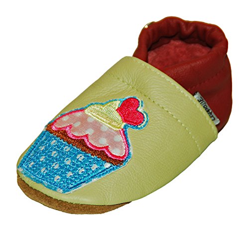 Lappade Muffin grün Aufnäher Lederpuschen Hausschuhe Krabbelschuhe Baby Jungen Mädchen Schläppchen Lauflernschuhe Wildledersohle Art. 408 Gr. 18/19 S+ von Lappade