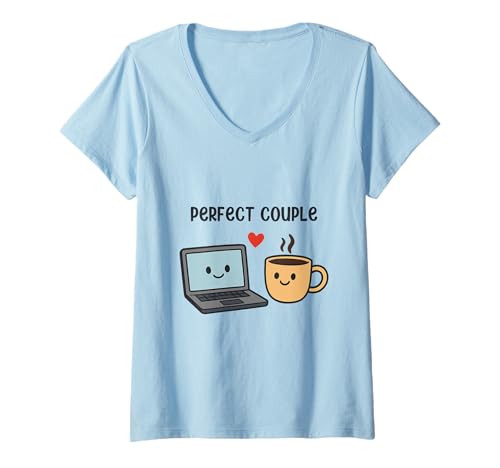 Damen Perfekt Paar Laptop Und Kaffee Liebe T-Shirt mit V-Ausschnitt Damen Perfekt Paar Laptop Und Kaffee Liebe T-Shirt mit V-Ausschnitt von Laptop Kaffee Humor Arbeitspause Liebhaber