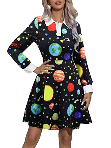Laqeyko Damen Ms. Frizzle Kleid Magic School Bus Kostüm Wissenschaft Lehrer Kleid Galaxy Space Planet Halloween Skater Kleid Schwarz Übergröße LA246-3-XXL von Laqeyko