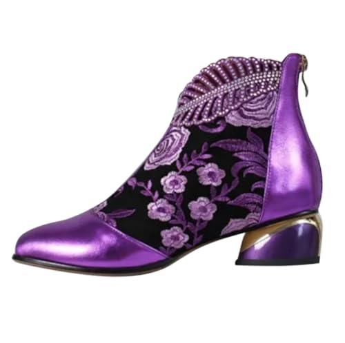 Laquieio Damen-Stiefel mit mittlerem Absatz, Ethno-Stil, bestickt, dick, für Frühling und Herbst, purpur, 41 EU von Laquieio
