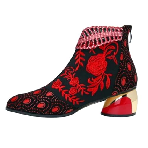 Laquieio Damen-Stiefel mit mittlerem Absatz, Ethno-Stil, bestickt, dick, für Frühling und Herbst, rot, 37 EU von Laquieio
