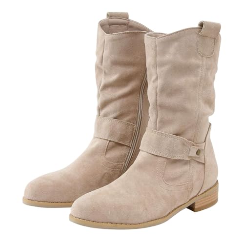 Laquieio Damenstiefel aus Wildleder, spitzer Zehenbereich, niedriger Absatz, Schnalle, niedriger Absatz, bequem, mit Stiletto-Absatz, Regenwasser, beige, 44 EU von Laquieio