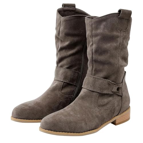 Laquieio Damenstiefel aus Wildleder, spitzer Zehenbereich, niedriger Absatz, Schnalle, niedriger Absatz, bequem, mit Stiletto-Absatz, Regenwasser, grau, 44 EU von Laquieio