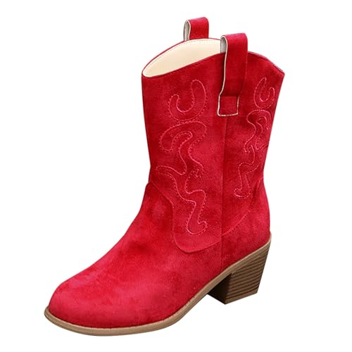 Laquieio Klassische Cowboystiefel aus Leder im Western-Stil mit spitzer Spitze und dickem Absatz für Damen, neue Stiefel in Übergröße von 100 Winterstiefeln für Damen, rot, 41 EU von Laquieio