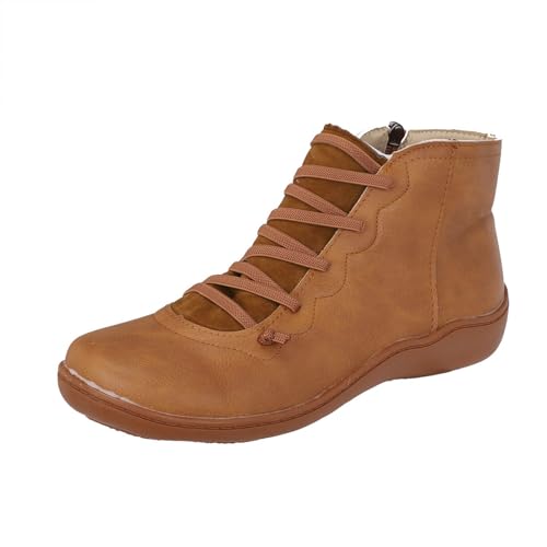 Laquieio Retro-Schnürstiefel aus Leder, flach, lässig, für Damen, mit rundem Zehenbereich, seitlichem Reißverschluss, Wasserschuhe für Damen, braun, 37 EU von Laquieio
