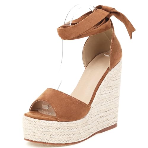 LarDorLin 13.5Cm Keilabsatz Espadrille Damen Peep Toe Schnüren Strappy Sandals Mode Wildleder Höhe Ferse Plateau Sommer Camel Gr 33 EU von LarDorLin
